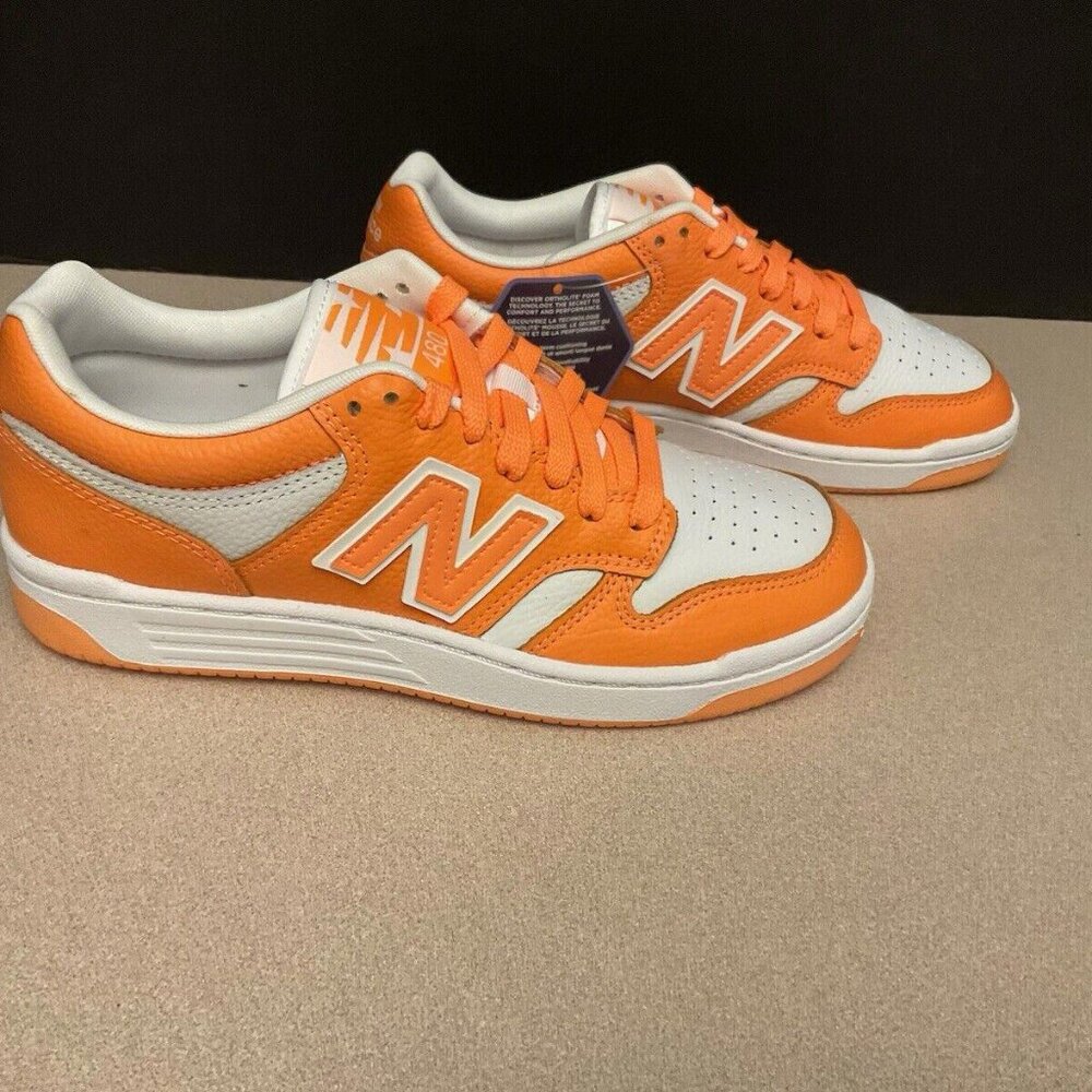 New! Womens New Balance 480 Leather Hot Mango/White Sneakers/Shoes. Size 8.